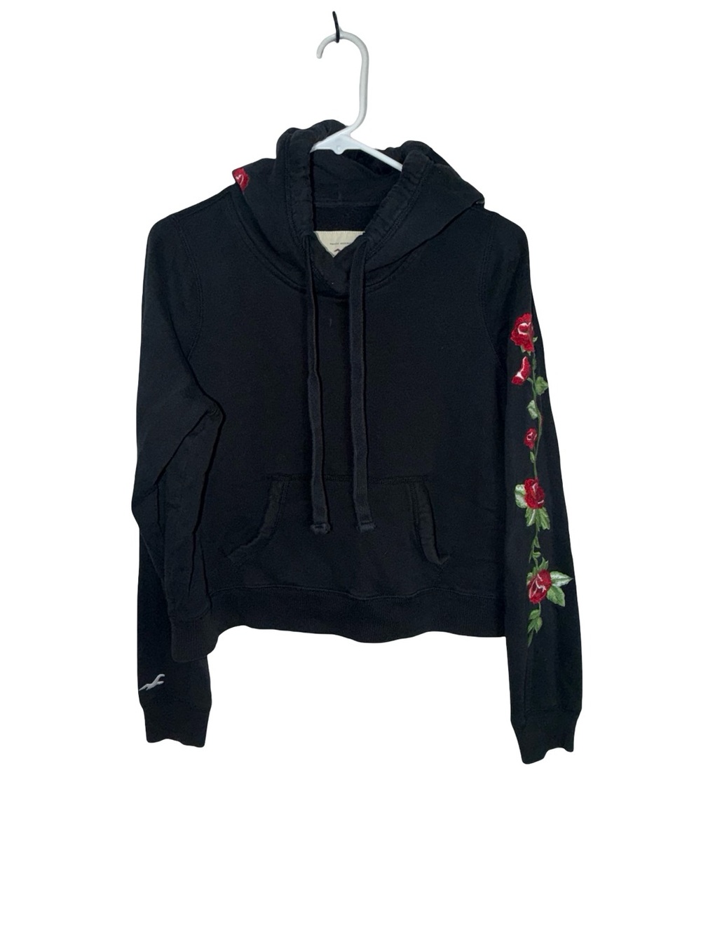 Hollister Black Pullover Hoodie with Red Rose Sleeve Embroidery